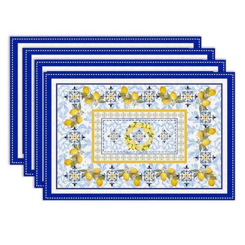Lemon Placemats Set of 4, 12x18 Inch Yellow and Blue Mediterranean Summer Fruit Italian Tiles Seasonal Heat Resistant Table Mats for Dining Kitchen Birthday Party Holiday Decor - color: Lemon06, size: 4pcs