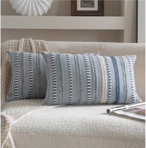 Cethom Boho Throw Pillow Covers 12x20 Inch Set of 2, Farmhouse Decorative Couch Pillow Cases, Blue Accent Pillows of Bed, Sofa Bedroom Living Room Home Decor Cushion Cover - color: Blue, size: 20" x 12" (Pack of 2)