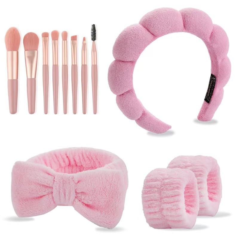 CAZYTOYZ Sponge Spa Headbands for Women Wristband Set Puffy Makeup Brush Headband Set for Washing Face Soft Towel Skin Care Head Band Cute Hair Band Shower - color: Pink