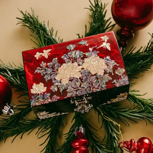 February Mountain Korean Mother of Pearl Jewelry Box – Red Floral Peony Design with Butterfly Clasp, Removable Velvet Tray – Christmas Gift for Women, Birthday, Anniversary, Keepsake Storage - color: Red