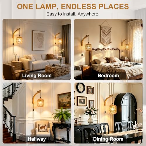 Frideko Plug in Wall Sconces Set of Two Hand Woven Lamp with Cord Rattan Lights Farmhouse Sconce Mounted Light Boho Lighting for Bedroom Living Room - color: Brown(2PC)