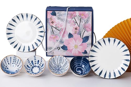 Ceramic Plates and Bowls Set, Japanese Style Dinnerware Set with Gift Box - Blue and White - 4 Rice Bowls and 2 Pasta Bowls - Kitchen Gifts for Women - color: Japanese A (4 bowls+2 plates)