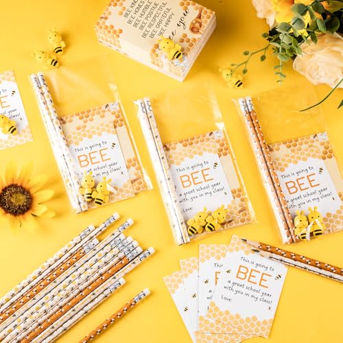 Fuyoooo 36 Sets Bee Party Favor Bulk Inspirational Notepads Pencil Mini Erasers Greeting Card Bee Themed Classroom Decor Party Supplies School (Cute)
