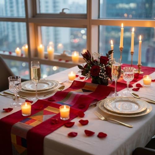 Korean Bojagi Table Runner, Ruby Red Ramie Patchwork, 78.8 x 11.8 Inch - color: Ruby Red