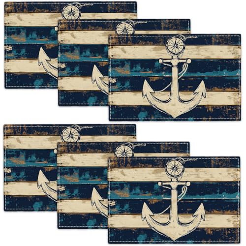 Nautical Placemats Set of 6, Coastal Anchor Place Mats, Rustic Beach Navy Blue Waterproof Washable Table Mats for Home Party Indoor Kitchen Dining Table Decoration 12x18 Inch - color: Anchor, size: Set of 6