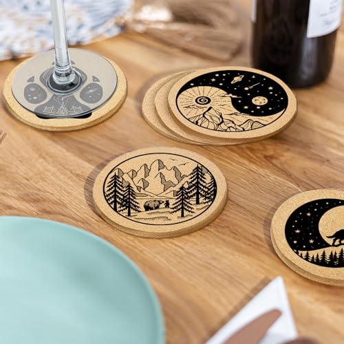 Coasters for Drinks with Holder Set of 6, Mountain Cork Coaster Absorbent Wood for Cup Desk Office Table Kitchen Decor House Warming Gifts for New Home Couples, Round 4" - color: Mountain