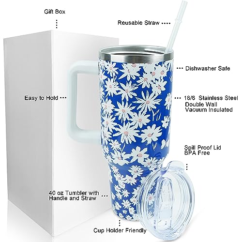 Daisy Tumbler 40 oz Tumbler with Handle Straw Lid Leak Proof - color: Blue Daisy