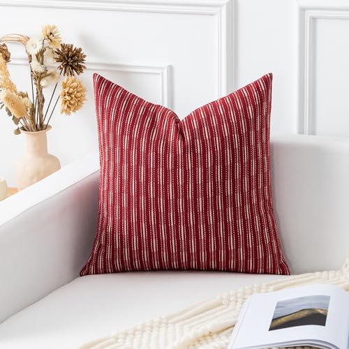 Kevin Textile Valentines Farmhouse Decorative Throw Pillow Covers Boho Woven Texture Burlap Linen Cushion Cover Striped Pillowcase, Wine Red 18 x 18 inches Pack of 2 - color: A-wine Red, size: 18" x 18" (Pack of 2)