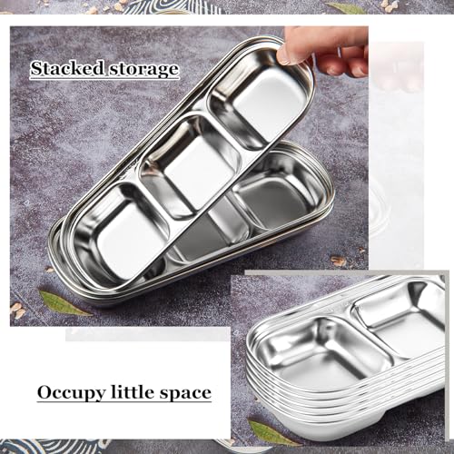 Maxcheck 12 Pcs Soy Sauce Dish Stainless Steel Divided Dip Bowls Korean 3 Compartment Sauce Plate Seasoning Dipping Condiment Tray for BBQ Vinegar Spice Salt Sugar Flavor Home Restaurant (Silver) - color: Silver