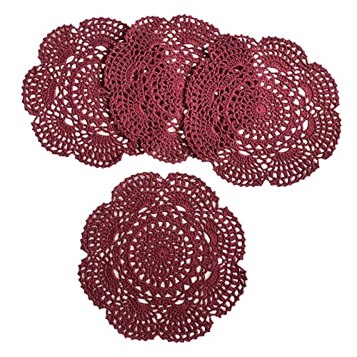 Phantomon 8 Inch Doilies Crochet Round Lace Doily Handmade Placemats 100% Cotton Crocheted Coasters, Pack of 4 (Burgundy) - color: Burgundy