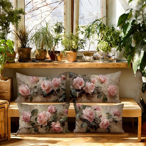 Vintage Pink Rose Floral Throw Pillow Covers Decor 12x20, Shabby Chic Rustic Cottagecore Decorative Rectangle Throw Pillow Covers, Gifts for Room Couch Double-Sided Set of 4 - color: A-rose-8, size: 20" x 12" (Pack of 1)