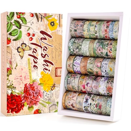 42 Rolls Vintage Washi Tape Set, Delicate Butterfly & Lush Floral Botanical Themed Writable Decorative Tapes with Retro Elements for Scrapbooking, Junk Journal Supplies, Bullet Journaling 5-25mm Wide - style: Botanical Style 3