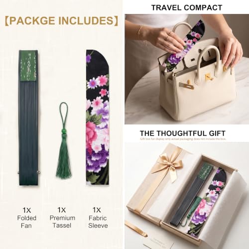 Japanese Folding Hand Fan for Women - Bamboo Silk Handheld Foldable Fan with Tassel & Pouch for Hot Flashes, Rave, Church, Gift,Wedding - Whisper-Quiet, Purse Size (Sakura-Green) - color: Sakura-green
