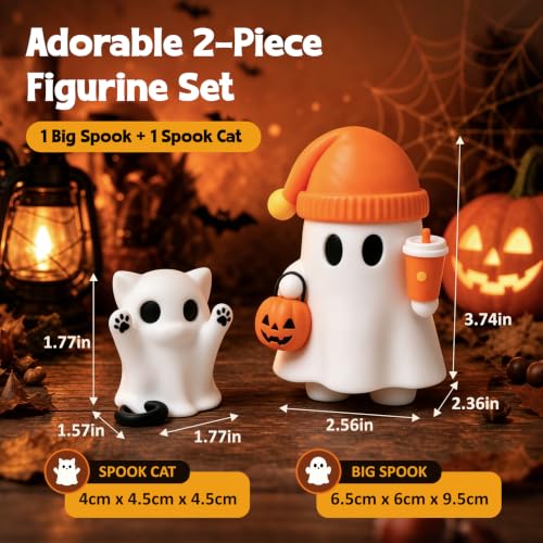 Cute Cat Halloween Ghost Figurine with Pumpkin Bucket and Orange Drink - color: Orange Pumpkin Kitten Ghost