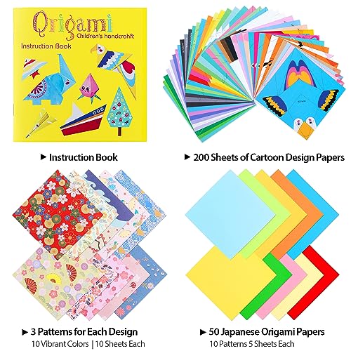 Origami Paper for Kids Crafts, 350 PCS Origami Paper Kit, Vivid 200 Cartoon Origami Objects+100 Solid Color Papers+50 Traditional Japanese Patterns with Instructions, Origami for Kids Adults Beginners