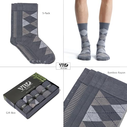 VRD Men's Dress Socks Bamboo Rayon, 5-Pack Crew Socks, Multiple Colors and Designs, Shoe Size 8-13, Gift Box - color: 03: Grey, 5-pack Mix (2 Solid, 1 Striped, 1 Dotted, 1 Argyle)