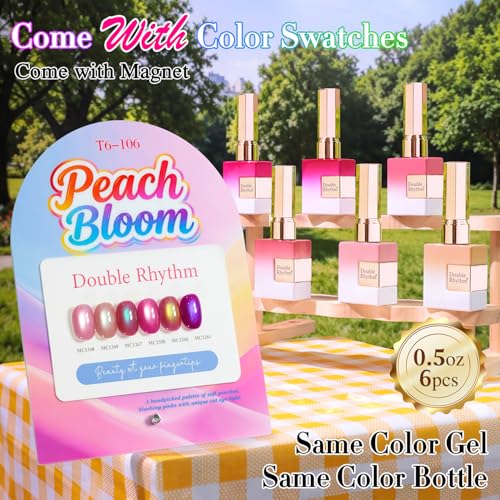 Double Rhythm Cat Eye Gel Nail Polish Set of 6 Same Color Same Bottle 0.5 Oz Shimmer Glitter with Magnet Holographic Magnetic UV Nail Polish Kit at Home (Peach Nude Pink Purple Rose-T6-106) - color: Peach Bloom