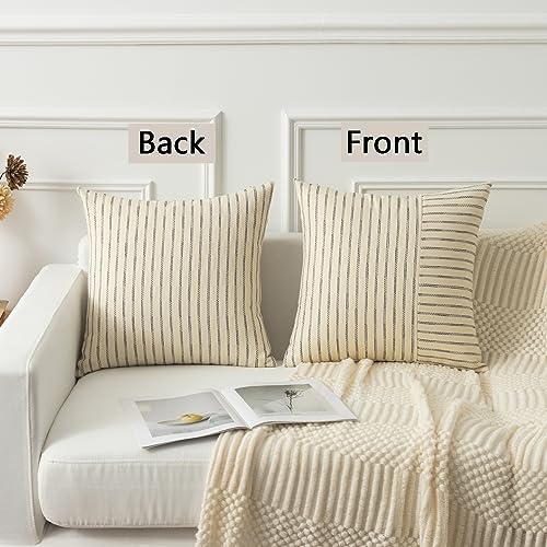Kevin Textile Farmhouse Pillow Covers 18x18, Modern Accent Square Throw Pillow Covers Set of 2, Beige and Black Striped Patchwork Linen Decorative Pillows Cushion Covers for Couch Bedroom - color: Beige, size: 18" x 18" (Pack of 2)
