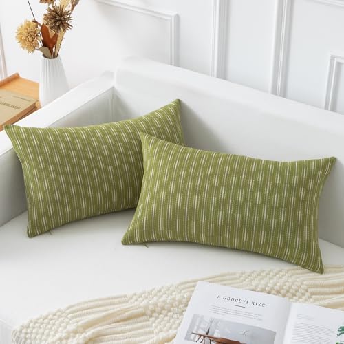 Kevin Textile Pillow Covers, Spring Rectangle Throw Pillow Covers Set of 2, Boho Woven Texture Linen Decorative Burlap Pillow Cases for Couch Bedroom Living Room, 12x20 inch, Light Green - color: A-light Green, size: 20" x 12" (Pack of 2)