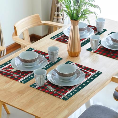 Christmas Elk Snowflakes Placemats Set of 4 for Dining Table,Xmas Reindeer Red Green Buffalo Plaid Washable Table Mats Placemats for Winter Kitchen Holiday Coffee Place Mat 18 x12 Inch - color: Christmas Reindeer