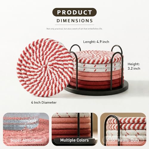 Lazebox Coasters Set of 8 for Drinks, 4 Inch Large Coasters for Coffee Table, Tabletop Protection for Hot & Cold Drinks, Versatile Coasters for Home Decor, Non-Slip & Easy to Clean, Red - color: Red
