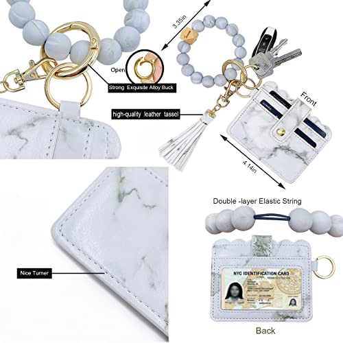 Keychain Wallet Wristlet Small Credit Card Holder Bracelet Key Chain Purse Bangle Tassel Beads Key Rings for Women - color: 01-marble