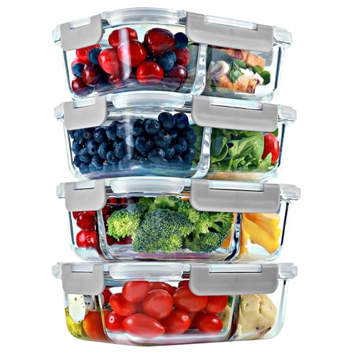 Glass Meal Prep Containers 2 & 3 Compartment, Leak-Proof Lids 32 oz 4 Pack - color: Gray (2,3 compartment - 4 pack, 32oz)