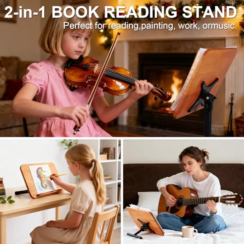 2 in 1 Dual-use Music Stand & Desktop Book Stand, Adjustable Height 16.5"-51", 100% Solid Wood Laptop Floor Stand Book Holder with Elastic Page Clips for Cookbooks (Brown) - color: Brown