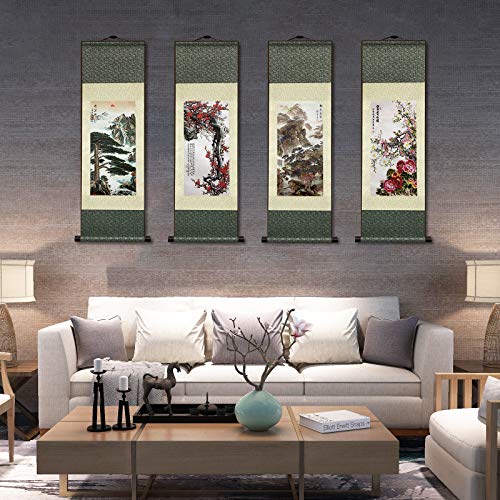 AtfArt White Crane Silk Scroll, Asian Wall Art, 36.2x12in - color: B2