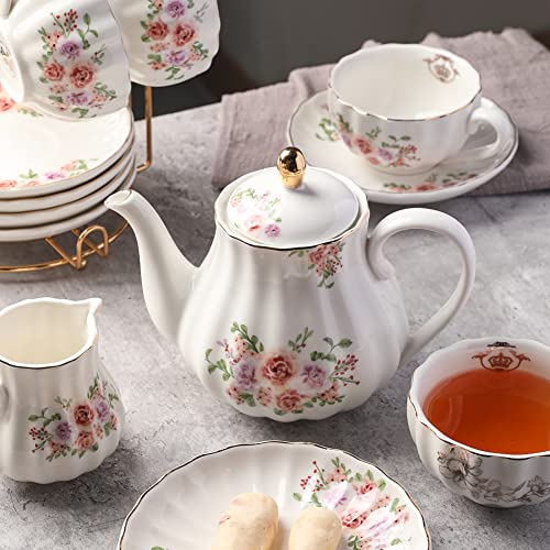 Porcelain Tea Sets British Royal Series, 8 OZ Cups & Saucer Service for 6, with Teapot Sugar Bowl Cream Pitcher Teaspoons and Tea Strainer, Suitable for High Tea, Wedding, Party（Rose Flower） - color: Rose Flower