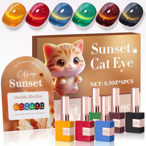 Double Rhythm Cat Eye Gel Nail Polish Set of 6 Same Color Same Bottle 0.5 Oz Shimmer Glitter with Magnet Holographic Reflective Magnetic UV Polish Kit (Golden Black Brown Red Blue Green-T6-33) - color: Neon Yellow Green
