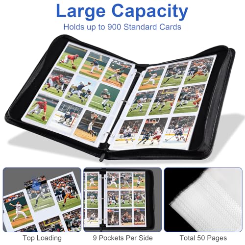50 Pack 9 Pocket Card Binder, 3 Ring Premium Zip Trading Card Binder, 900 Large Capacity Top Loading Card Storage Album, PU Card Collection Binder for TCG, MTG, Baseball Hockey Sport Cards, Black - color: Black