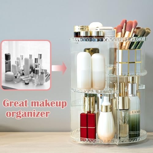 360 Degree Rotating Makeup Organizer, DIY 8 Adjustable Layers Spinning Skincare Organizer, Cosmetic Display Case with Brush Holder Perfume Tray