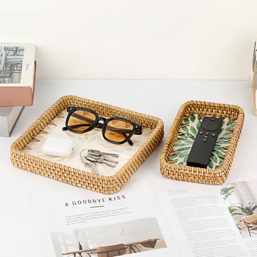 Small Wicker Tray, Handwoven Rattan Key Basket for Entryway Table - color: White, size: 8.3" x 8.3" x 1.6"