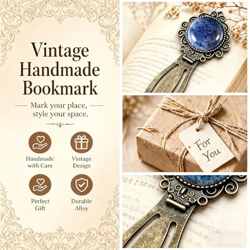 1Pcs Vintage Blue Sodalite Bookmark with Natural Crystal Stone - Fantasy Brass Metal Bookmarks for Reading Women, Men, Book Lovers, Girls and Teachers Book Marks(Sodalite) - color: Sodalite