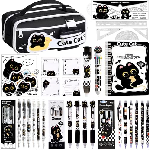 Black Cute Cat Stationery Set,School Supplies with Sticky Notes,Pencils