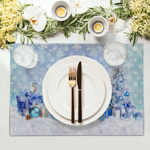 Giwawa Blue Snowman Placemats Set of 4 Christmas Trees Balls Winter Snowflakes Linen Place Mat Xmas Snow Scenery Non Slip Heat Resistant Table Mats 12"x18" for Kitchen Dining Holiday New Year Decor - color: Blue Snowman