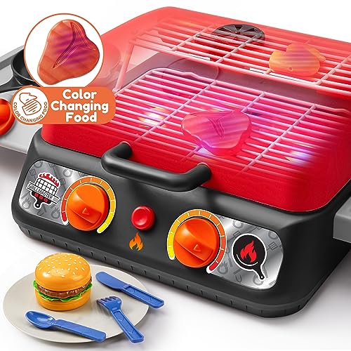 Kids BBQ Grill Playset, Kitchen Toy Set with Pretend Smoke, Light, Sound & Color-Changing Food, Play Kitchen Accessories, Indoor Outdoor Cooking Toy for Boys Girls Kids Birthday Gift