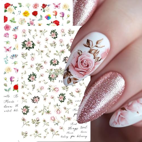 Rose Flower Nail Stickers Decals 12 PCS Romantic Red Pink Rose Nail Art Stickers 3D Self-Adhesive Floral Blossom DIY Designs for Valentine's Day Manicure Decoration Nails Supplies Accessories - style: Rose Flower Style