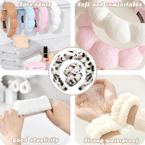 Tetizo Spa Headbands for Washing Face Wristband Set Sponge Makeup Skincare Headband Wrist Towels Bubble Soft Terry Towel Cloth Hairband for Women Puffy Headwear Non Slip Thick Thin Hair Headwear - color: Leopard White