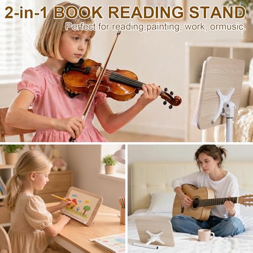 2 in 1 Dual-use Music Stand & Desktop Book Stand, Adjustable Height 16.5"-51", 100% Solid Wood Laptop Floor Stand Book Holder with Elastic Page Clips for Cookbooks (White with Tray and Wheels) - color: White With Tray and Wheels