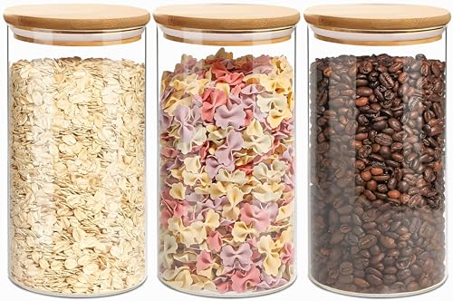 1.5 Qt Round Glass Storage Containers with Lids, Clear Food Storage Container Jar with Sealing Bamboo Lid for Noodles Flour Cereal Rice Sugar Tea Coffee Beans（Round-3Pack ） - size: Round 1.5 Qt -3Pack