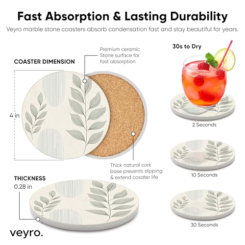 VEYRO Ceramic Coasters Set of 4 – Absorbent Stone Drink Coasters with Holder, Non-Slip Cork Backing, Modern Marble Look Coasters for Coffee Table, Desk & Home Decor - color: Leaves 1, size: Set of 4