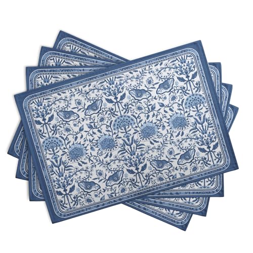Blue Floral Boho Placemats Set of 4, 12x18 Inch Vintage Chinoiserie Block Print Place Mats Seasonal Spring Summer Rustic Farmhouse Table Mats for Party Kitchen Dining Outdoor Indoor Decor - color: Boho Floral Blue
