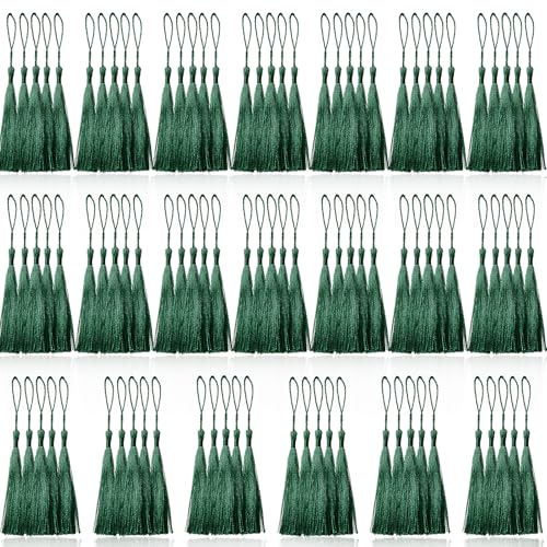 100 Pcs Dark Green Mini Tassels 13cm/5 Inch with Loops for Bookmarks, Jewelry Making, DIY Projects - color: Dark Green