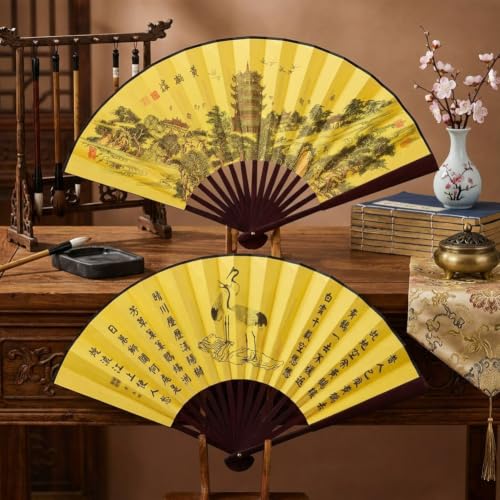 Fox Baby Folding Hand Fan,13 inch Bamboo Fabric Large Hand Fans with Chinese Traditional Painting for Decorations,Performance (Wooden Tower & West Lake) - color: Wooden Tower & West Lake