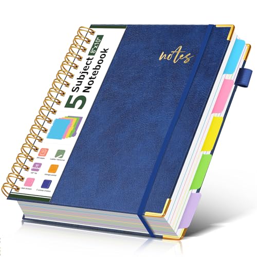 5 Subject Spiral Notebook Journal with Removable Dividers Tabs, 300 Pages Organizer Notebooks for Work School, 8"x10" Hardcover Leather Notebook College Ruled, Large Lined Journal for Women Men,Navy - color: Navy, size: B5