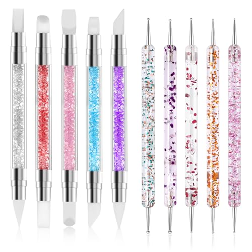 10PCS Nail Art Gel Carving Pen Rhinestone Handle Silicone Nail Art Pen Brushes for Design Foil Carving Drawing 3D Effect Shaping Drawing Dotting Tool - color: 10 pcs style C
