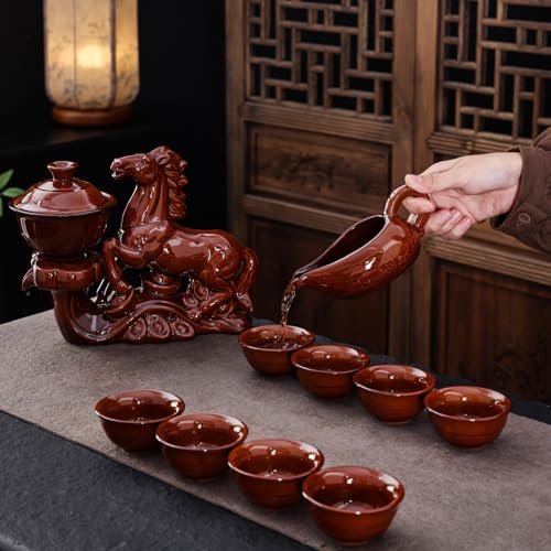 Chinese Gongfu Tea Set - Ceramic Teapot with Infuser, 8 Cups, Semi Automatic Horse Design for Loose Leaf Tea - color: Red Horse - A