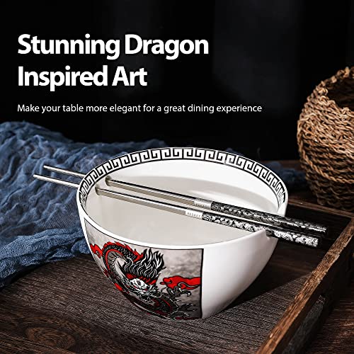 Hagary Dragon Ceramic Bowls Japanese Korean Soup Bowl Pasta Salad Dessert Serving Bowls Housewarming Wedding Gifts Designed in Korea (With Chopsticks) (Black, 20 oz - 1pc) - size: 20 oz - 1pc